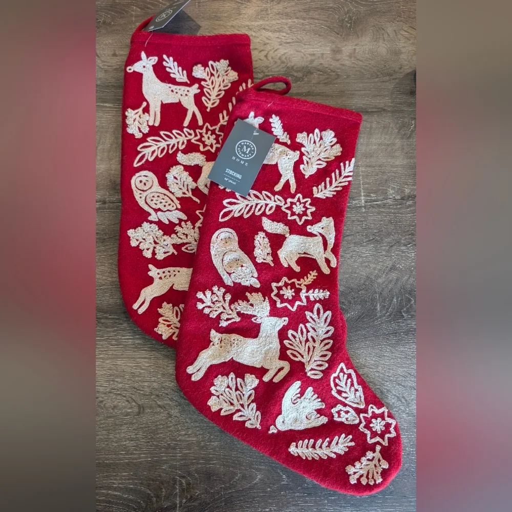 Martha Stewart Embroidered WOODLAND FOLK Christmas Stocking Set NWT